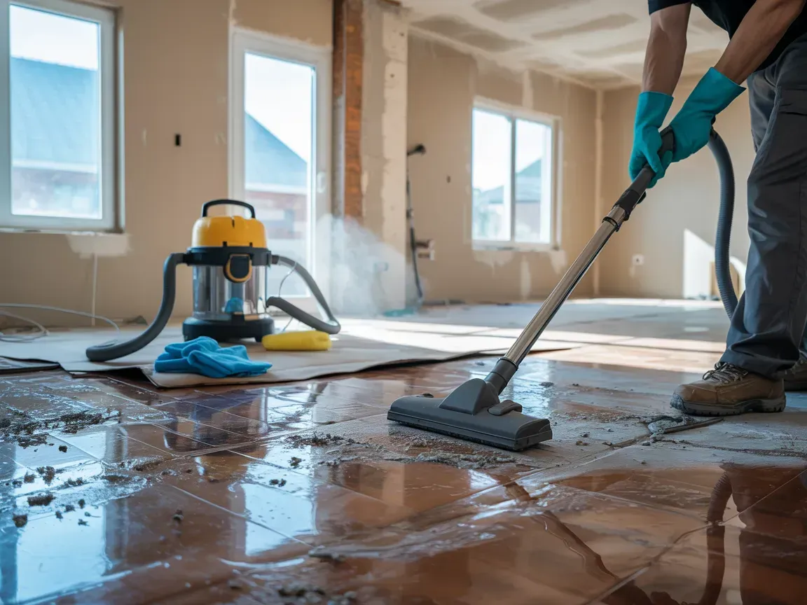 Person in blue gloves vacuuming wet floor in a room under construction. Yellow vacuum cleaner visible.