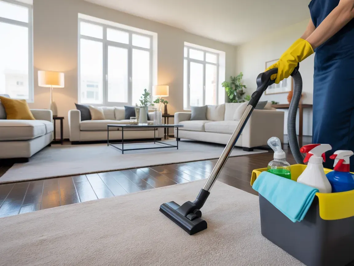 Person vacuuming carpet in a living room; cleaning supplies in a caddy nearby.