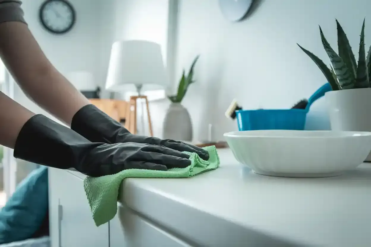 A person wearing black gloves is cleaning a counter with a green cloth.