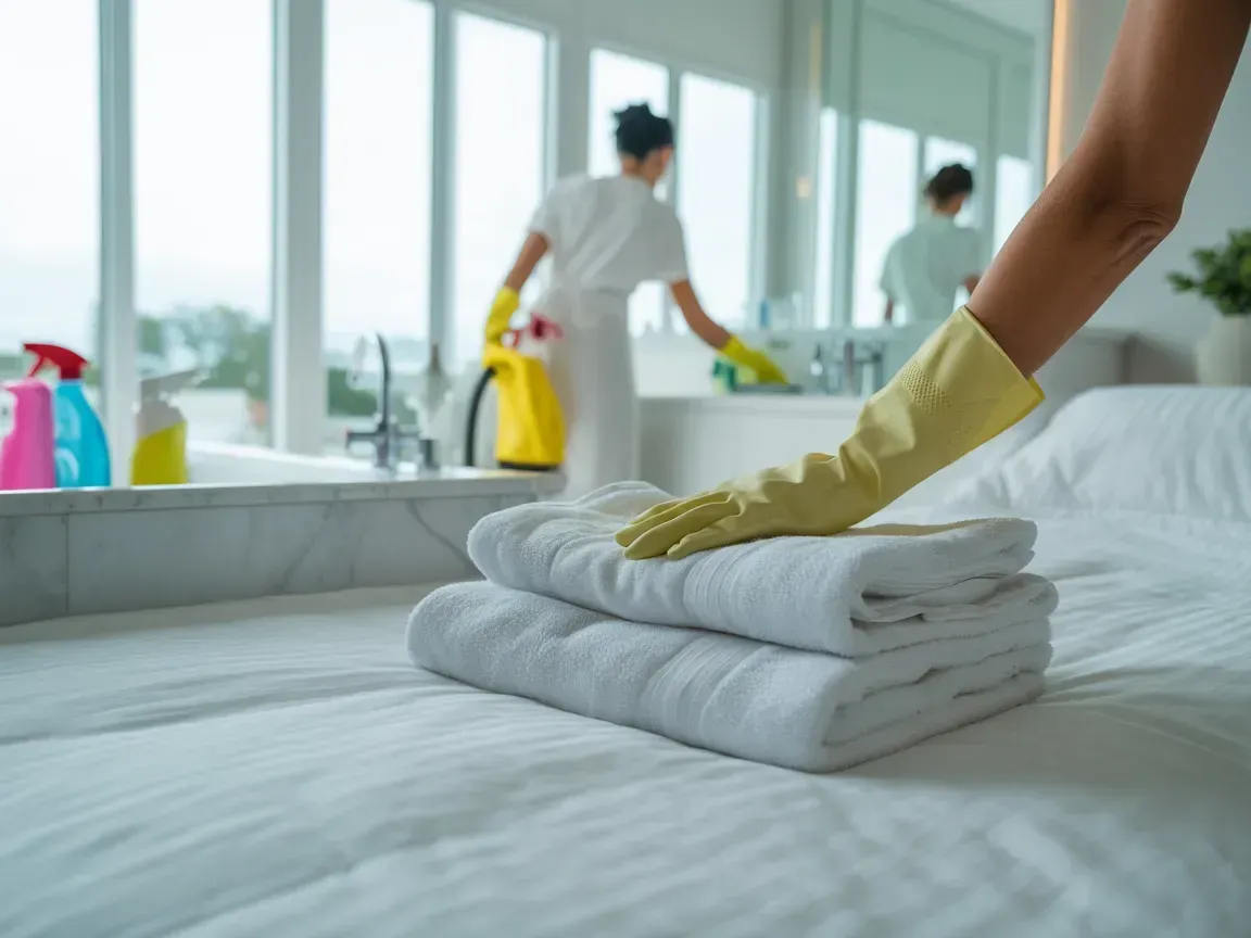 Maid in yellow gloves placing towels on bed while another cleans bathroom.