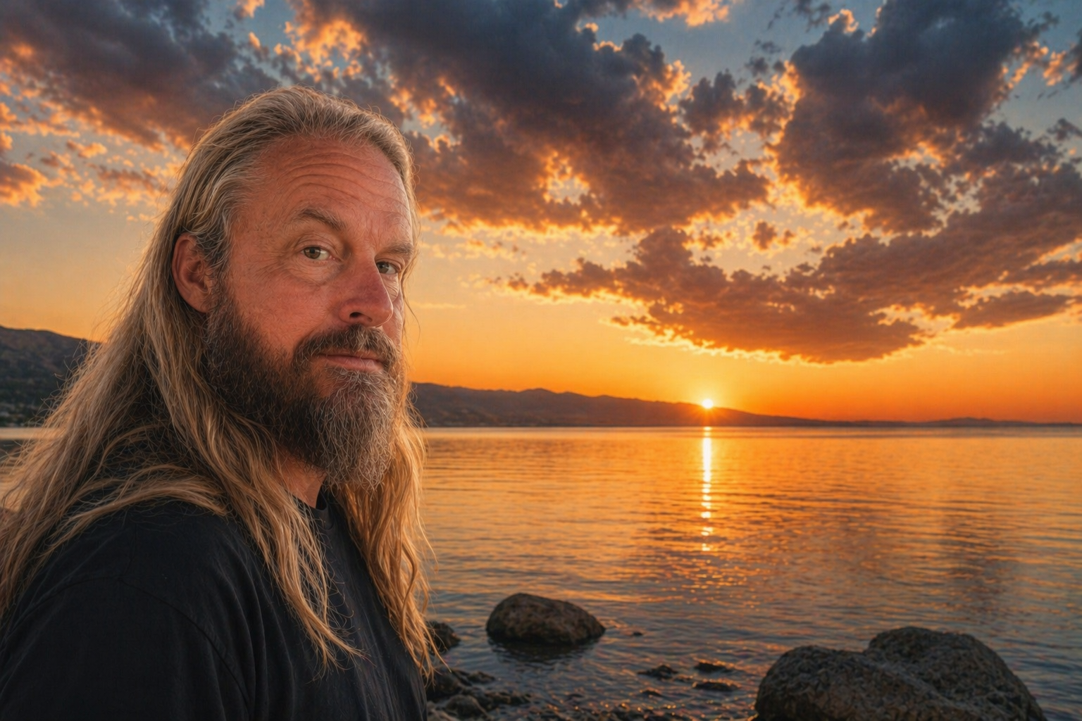 A man with long hair and a beard is standing in front of a logo for kevin key photography