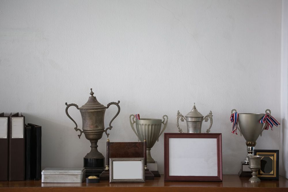 A Shelf Filled with Trophies and Frames Against a White Wall — The Framer In Taree, NSW