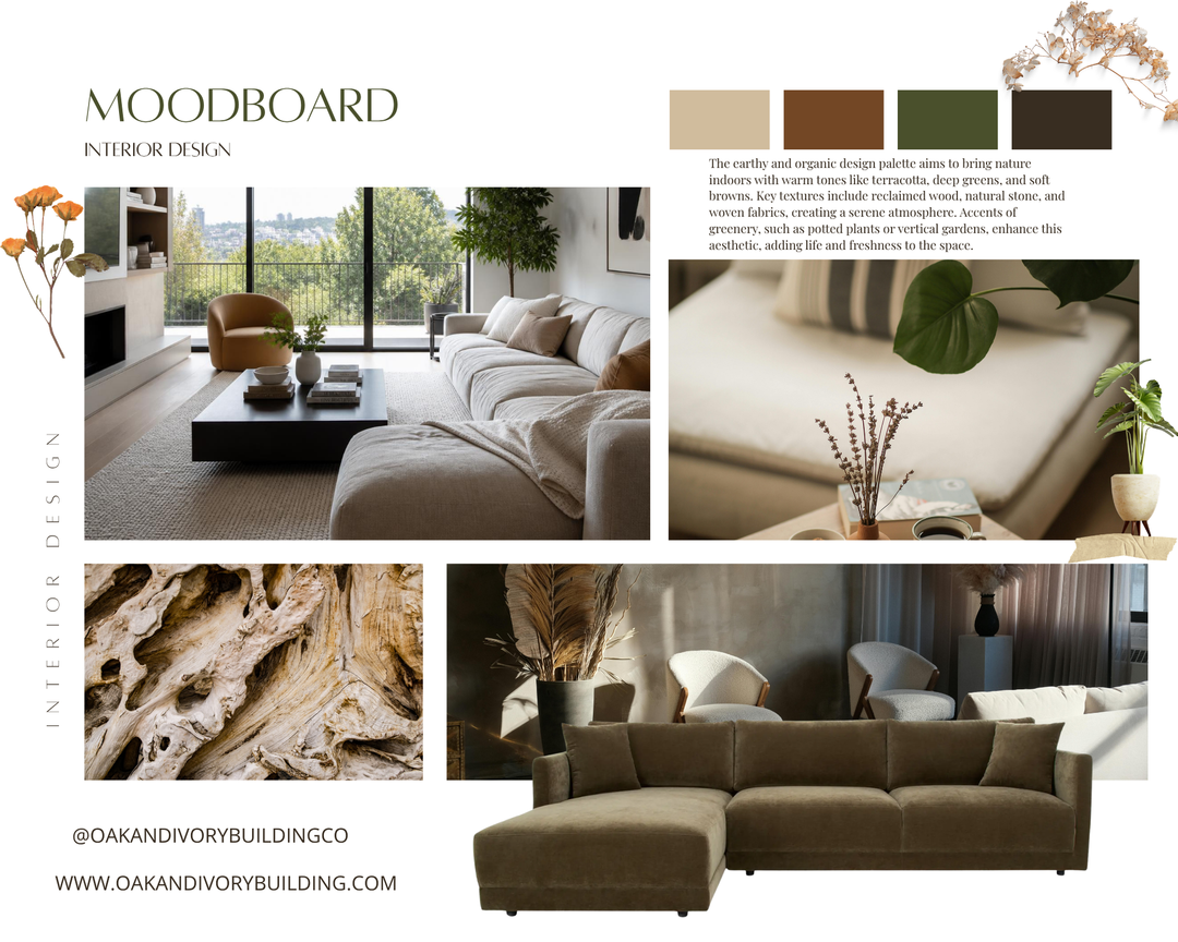 Moody living room moodboard with beige sofa, green accents, wood textures, and neutral decor