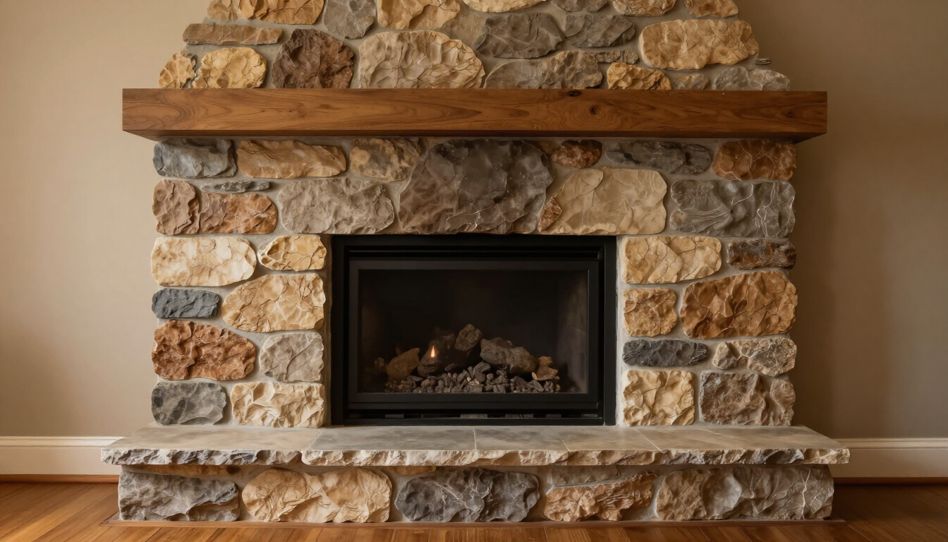 Stone fireplace with dark wood mantel and a glass firebox in a beige room