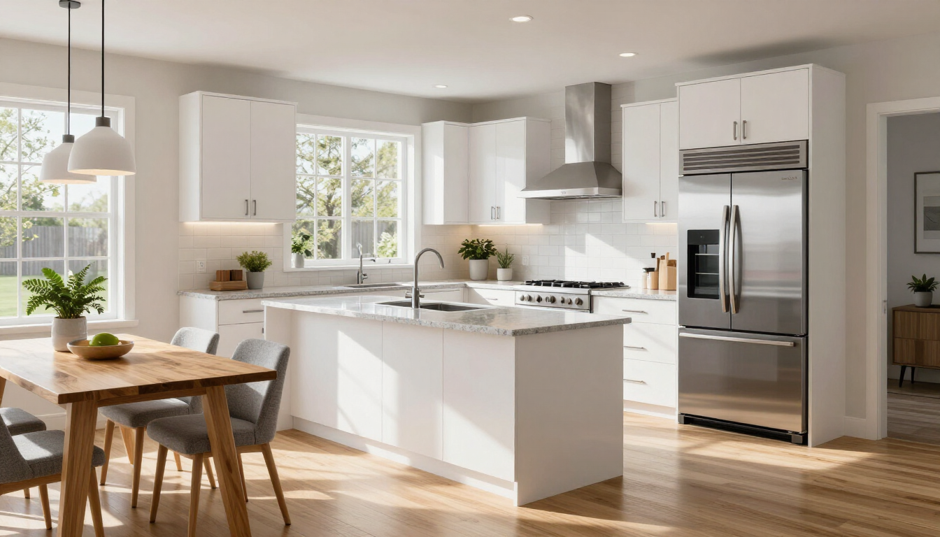 Bright modern kitchen and dining area with white cabinets, stainless steel appliances, and sunlit hardwood floors