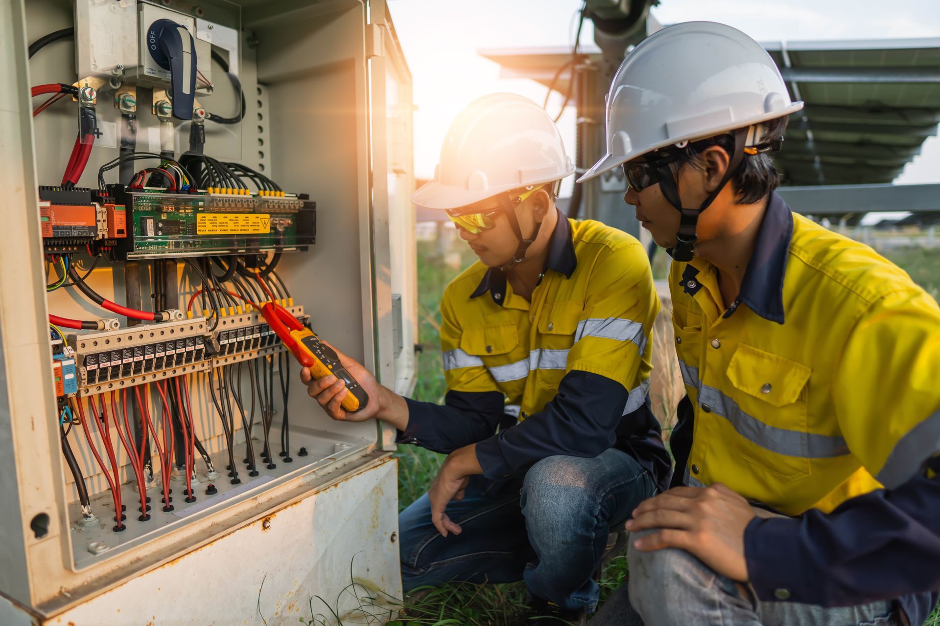 Two technicians inspect an electrical control panel using a multimeter in outdoor setting.