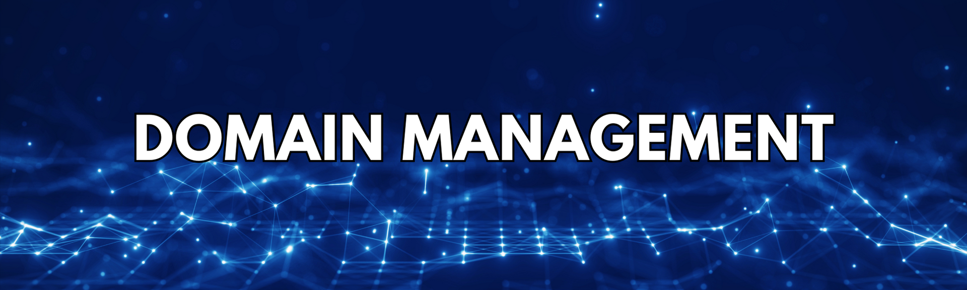 An image of a network with connections between points lit up in blue. The text reads Domain Management An image of a network with connections between points lit up in blue. The text reads Domain Management