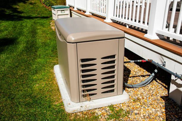 A generator is sitting on the side of a house.