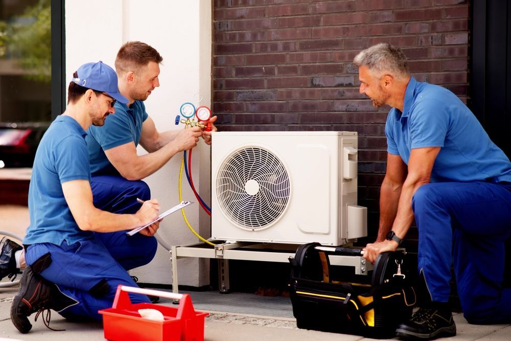 Three men are working on an air conditioner outside of a building.