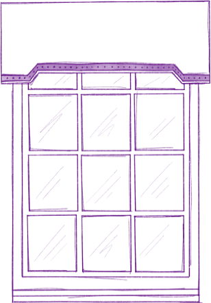 Purple-lined window with nine panes, topped with a matching valance trimmed with small purple dots.