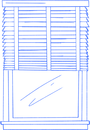 A window with wooden blinds slightly open, revealing a clear glass pane.