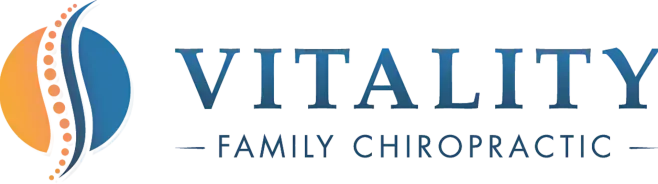 The Vitality Family Chiropractic logo features a stylized spine icon between orange and blue circles, with dark blue text.