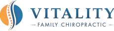 The Vitality Family Chiropractic logo features a stylized spine icon between orange and blue circles, with dark blue text.