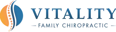 Logo for Vitality Family Chiropractic, featuring an abstract spinal graphic between an orange circle and a blue curve.