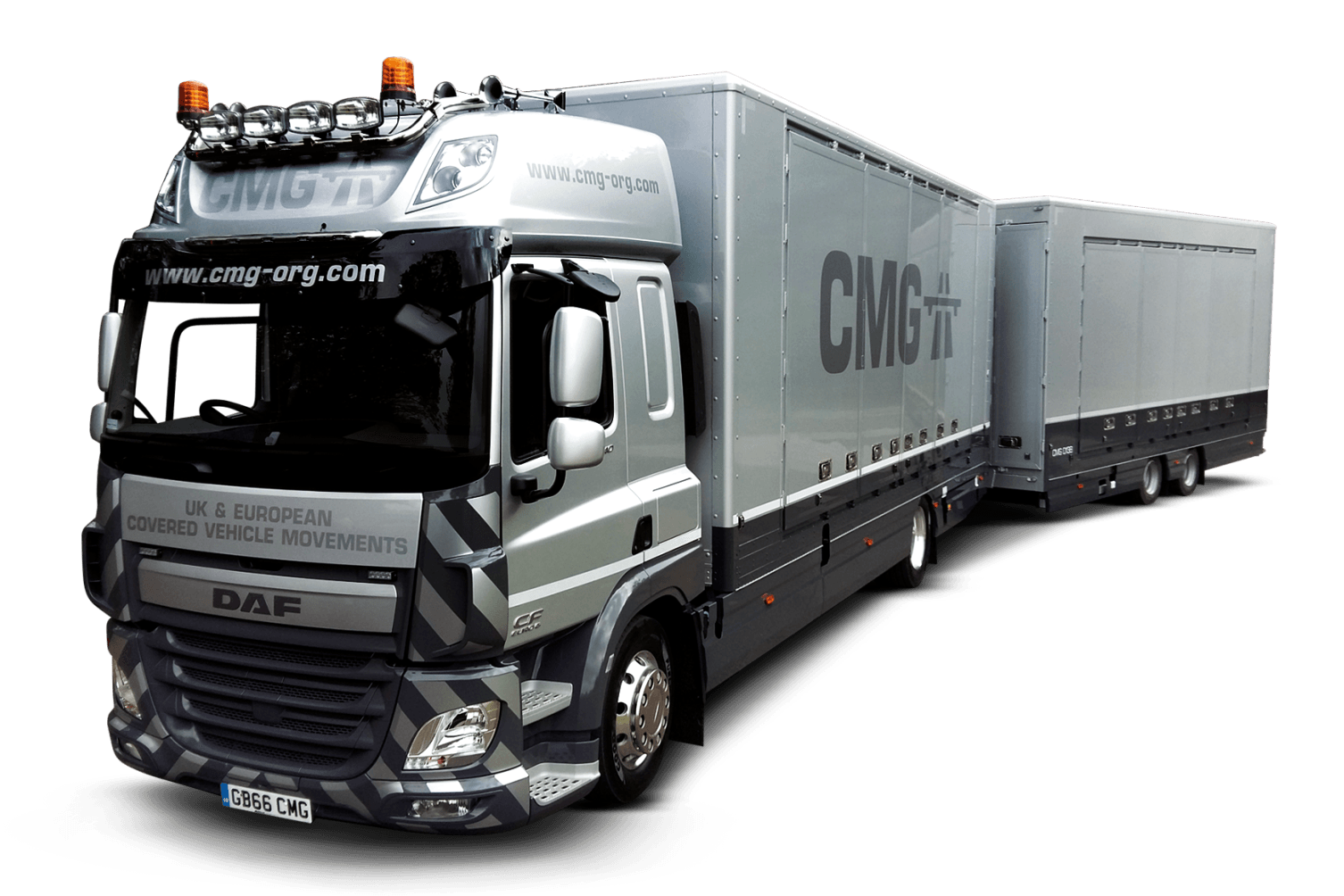 a daf truck with the word cmg on the side