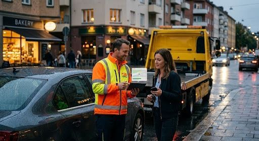 Two workers in reflective jackets discuss a clipboard beside a parked car on a wet city street at dusk