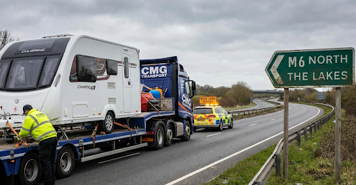 Caravan being towed on a flatbed truck on M6 North. Police car, road sign, and worker in safety vest visible.