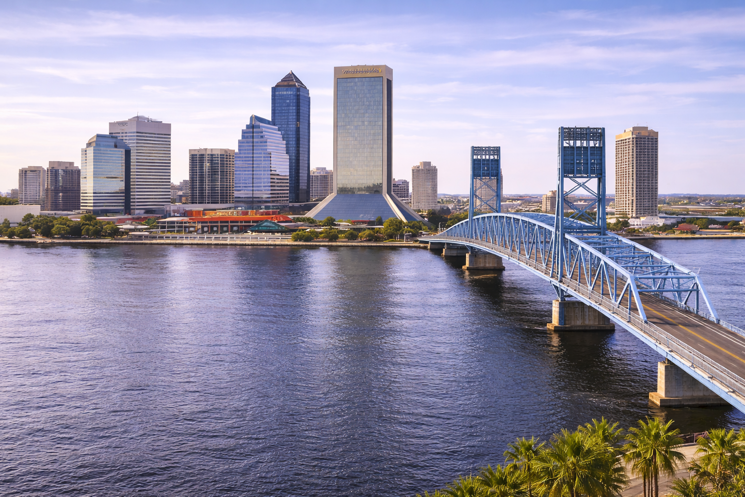 Skyline of Jacksonville, Florida, with a blue bridge over a wide river, with tall buildings.