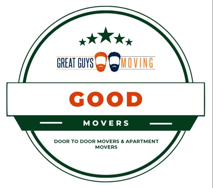 Badge for Great Guys Moving: green and white with GOOD MOVER and logo of two bearded men.
