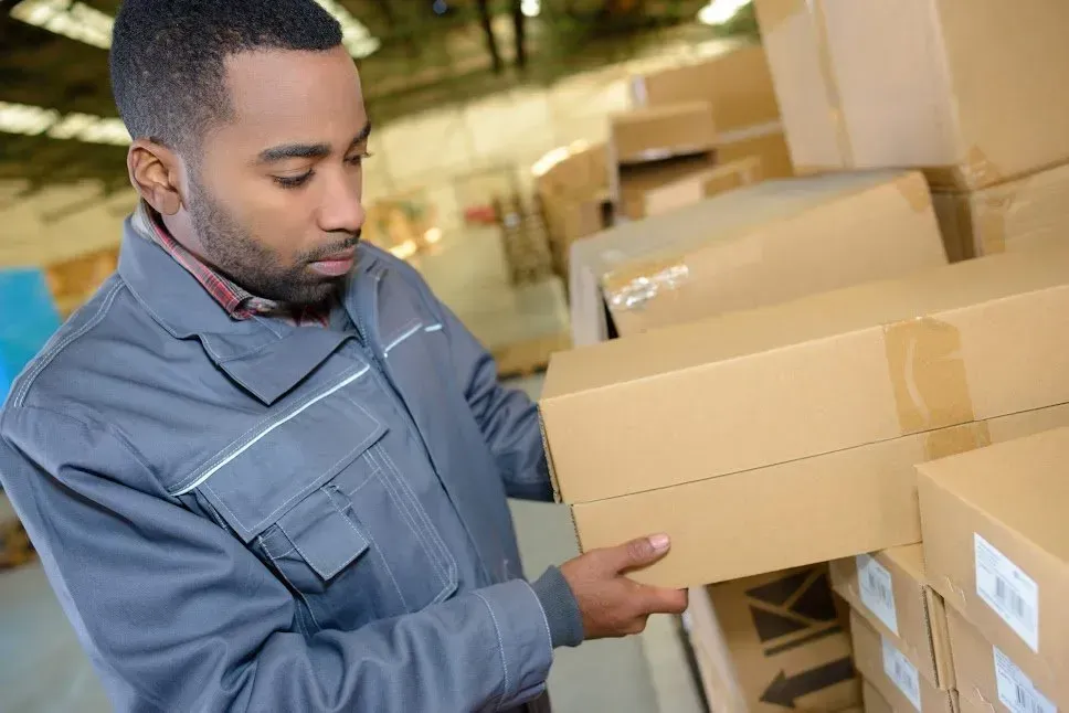 Man in gray uniform lifting a cardboard box in a warehouse setting, surrounded by stacked boxes.