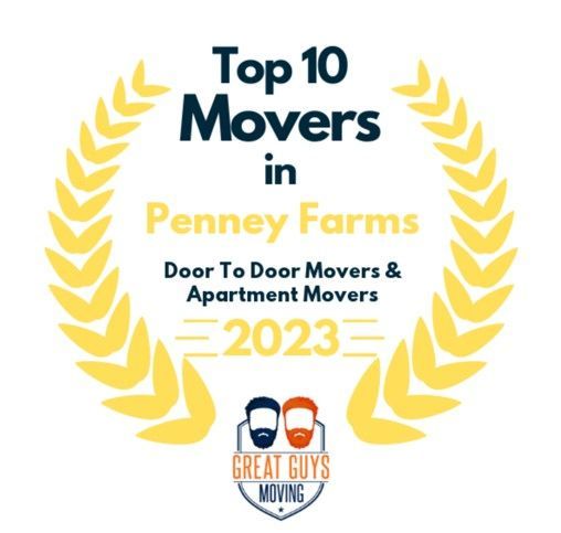 Award badge: Top 10 Movers in Penney Farms 2023. Logo for Great Guys Moving.