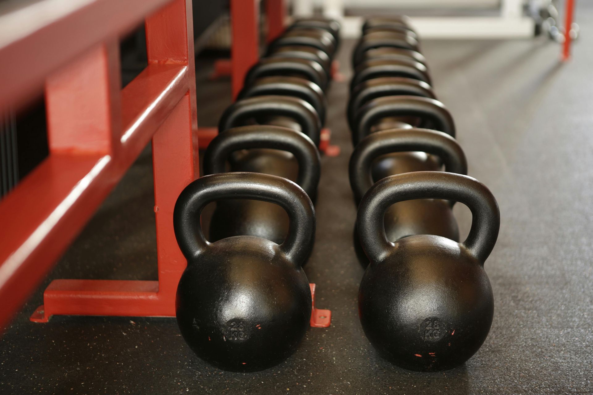 A row of kettlebells are lined up in a gym