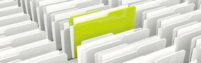Green file folder standing out from a row of white file folders.