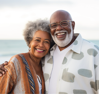 Smiling couple on a beach, man with white beard and glasses, woman with gray afro.