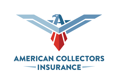 Logo for American Collectors Insurance: eagle with spread wings above text. Blue, red, and white.