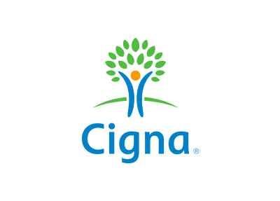 Cigna logo with a stylized person reaching up, with green leaves above and the word 