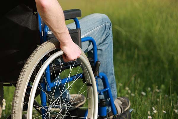 Person in wheelchair, blue frame, pushing wheel, outdoors in grass and wildflowers.