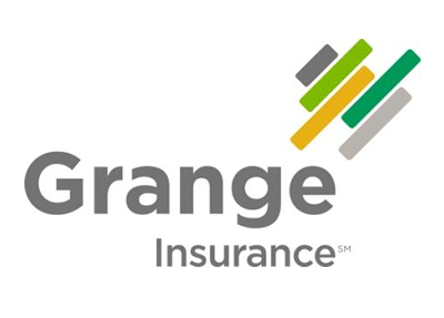 Grange Insurance logo: Grey text with brand name, diagonal abstract shapes in green, yellow, and grey.