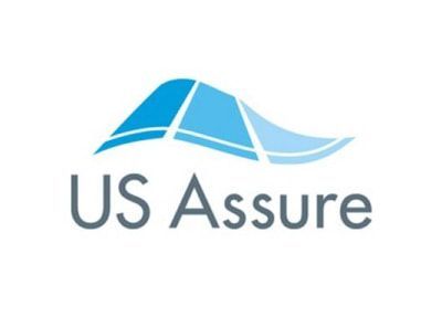 Logo for US Assure, featuring a blue abstract shape above the company name in gray.