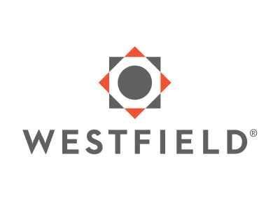 Westfield logo: Gray text with a red and gray geometric design above the word.