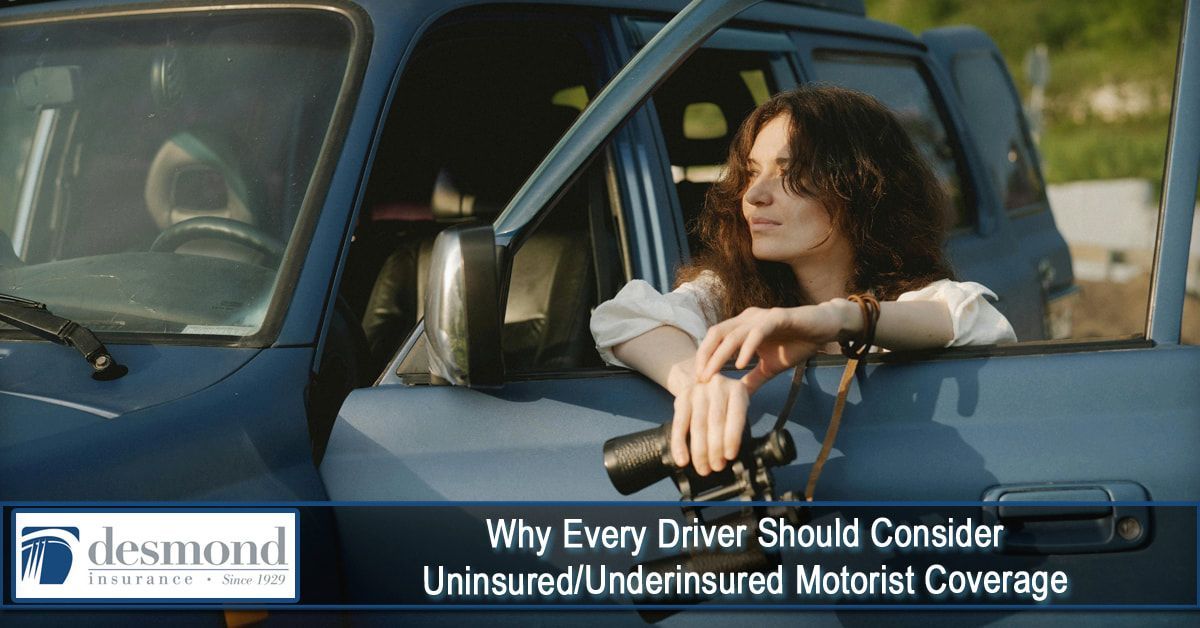 Woman in blue car with binoculars, looking out. Text: Uninsured/Underinsured Motorist Coverage.