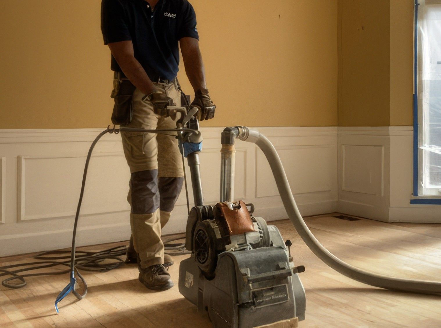Person sanding a wooden floor with a floor sander; sawdust and debris visible.