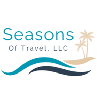 Logo for Seasons of Travel, LLC featuring stylized teal and navy waves below palm trees on a beige beach.