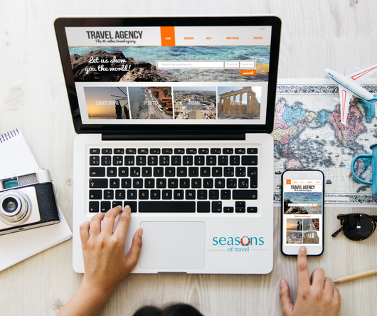 Person using a laptop and phone to browse a travel agency website, map, camera, sunglasses, and toy airplane on a table.