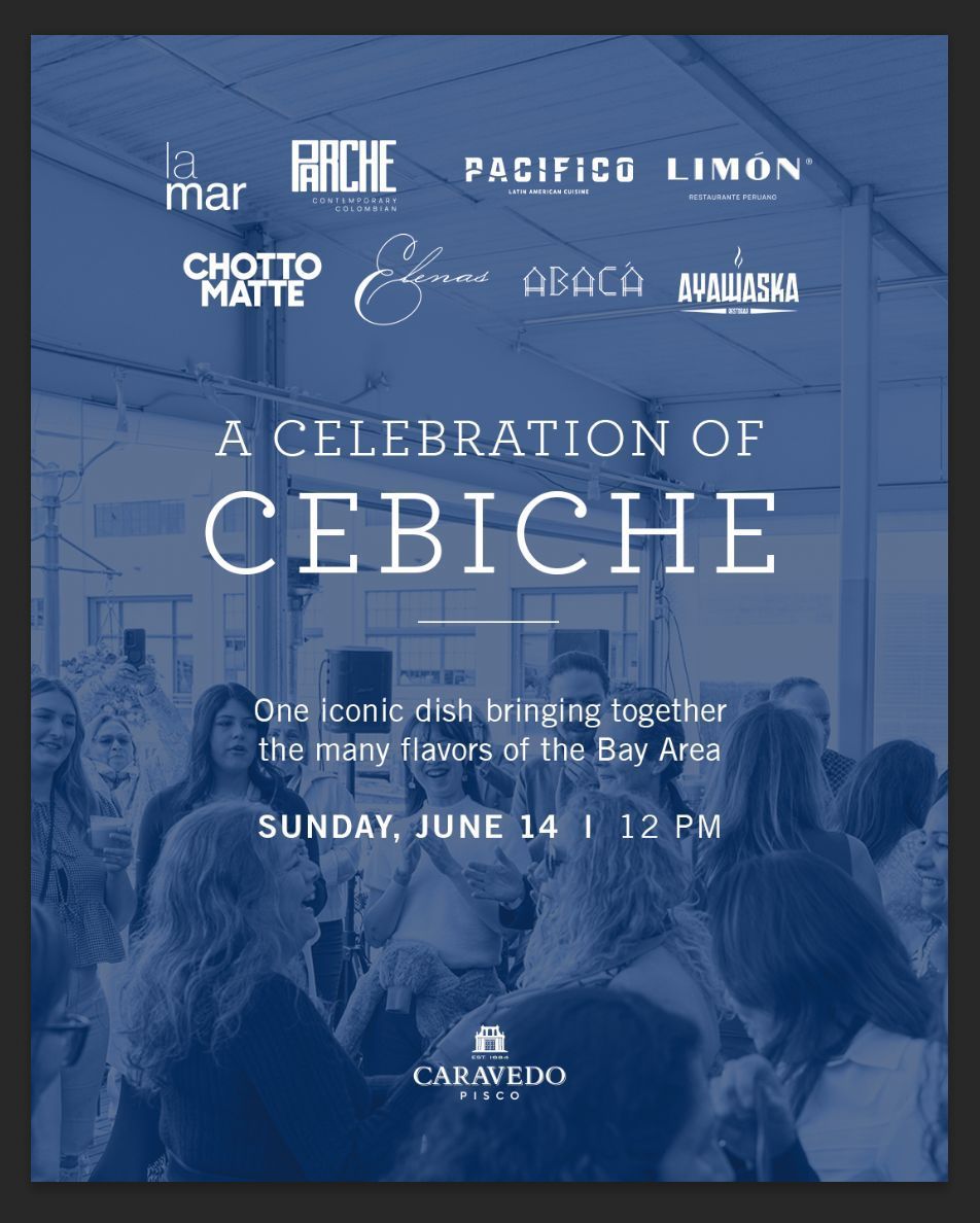 Blue event poster for “A Celebration of Cebiche” with sponsors and date: Sunday, June 14, 12 PM.
