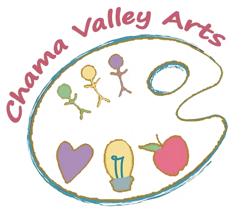 The logo for chama valley arts shows a palette with stick figures , hearts , a light bulb , and an apple.