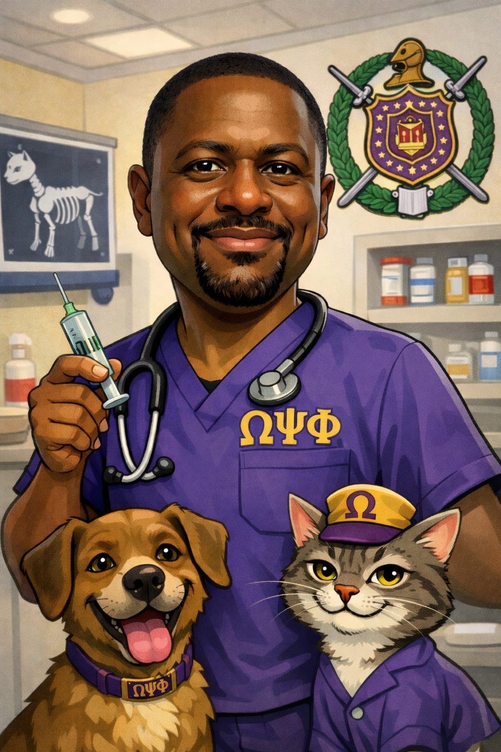 Veterinarian in purple scrubs, holding a syringe, with a dog and cat, and a fraternity crest.