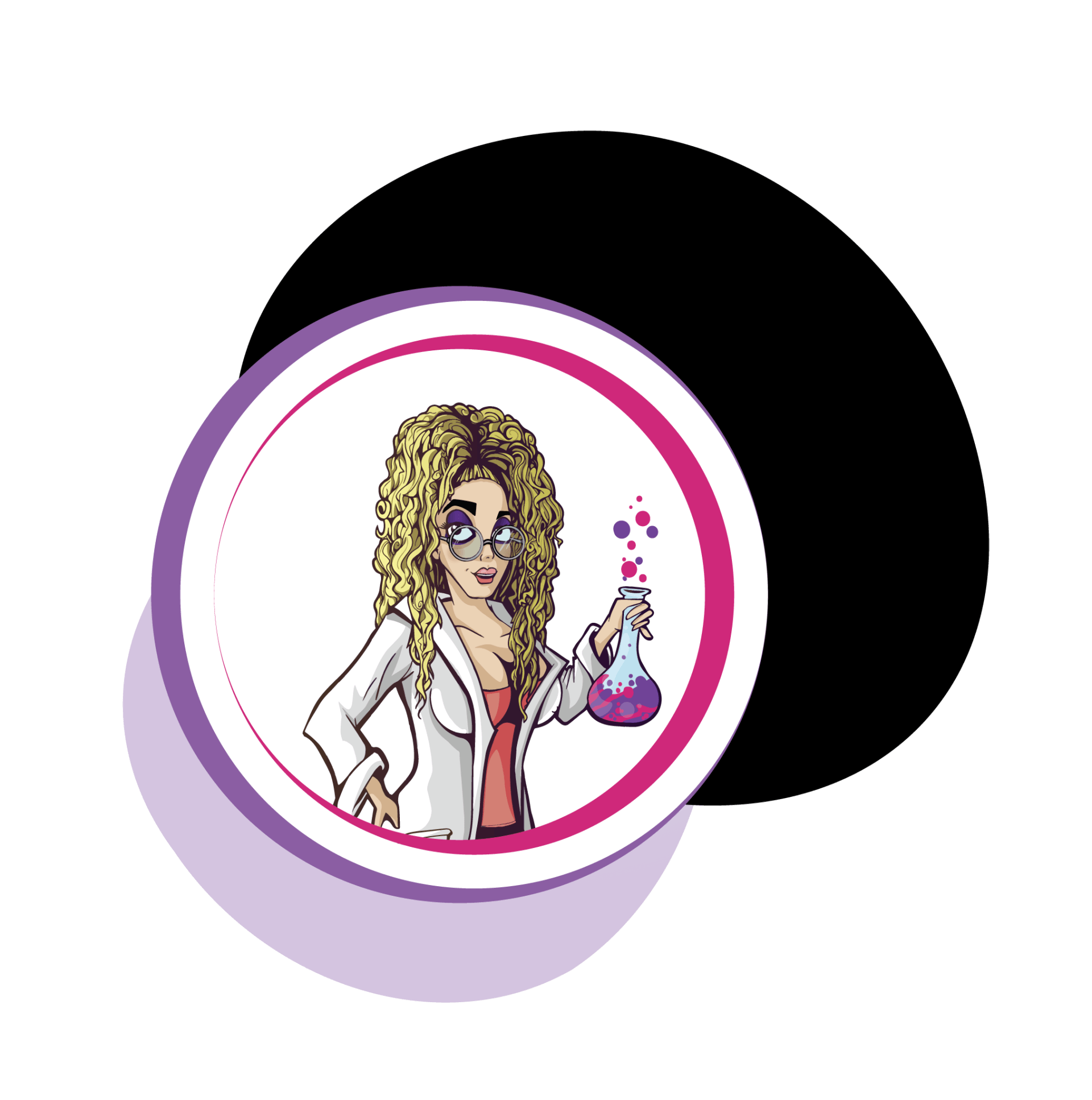 Woman in lab coat holding a flask, inside a white and purple circle, black circle behind.