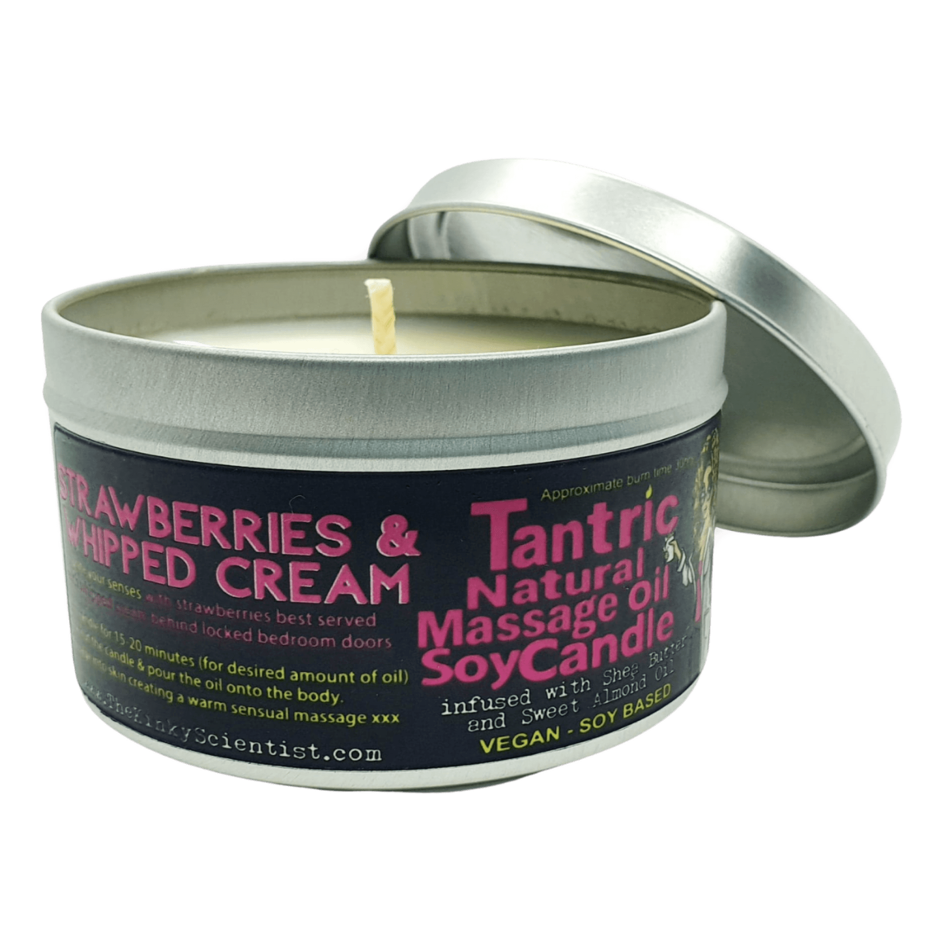 Soy candle tin labeled 