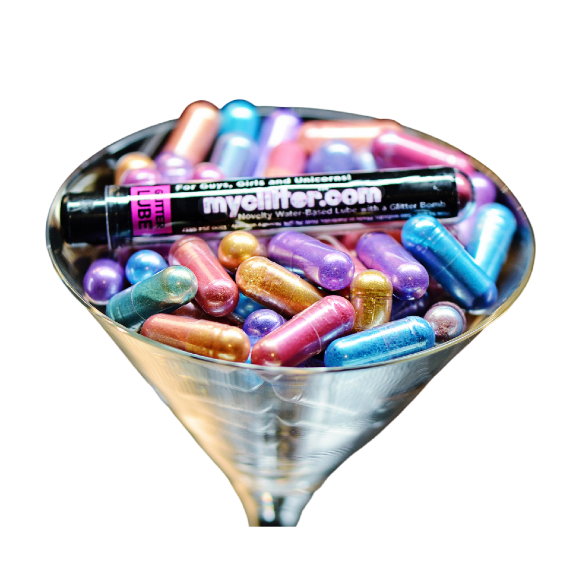Colorful capsules and glitter pen inside a silver funnel.