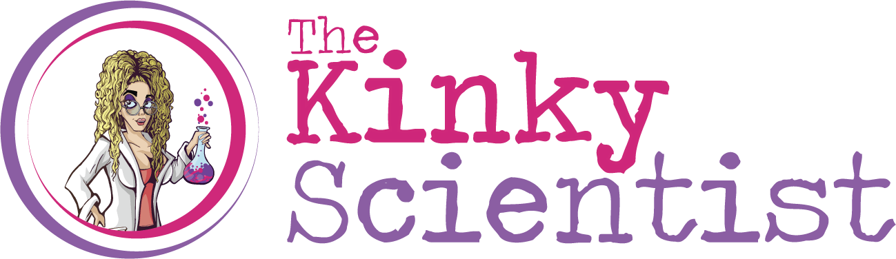 Logo featuring a cartoon scientist with curly hair, in a lab coat, holding a flask, with the words 
