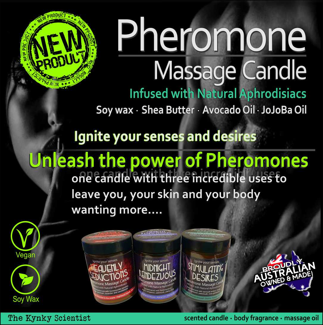 Pheromone massage candle advertisement with product images, ingredients, and tagline 