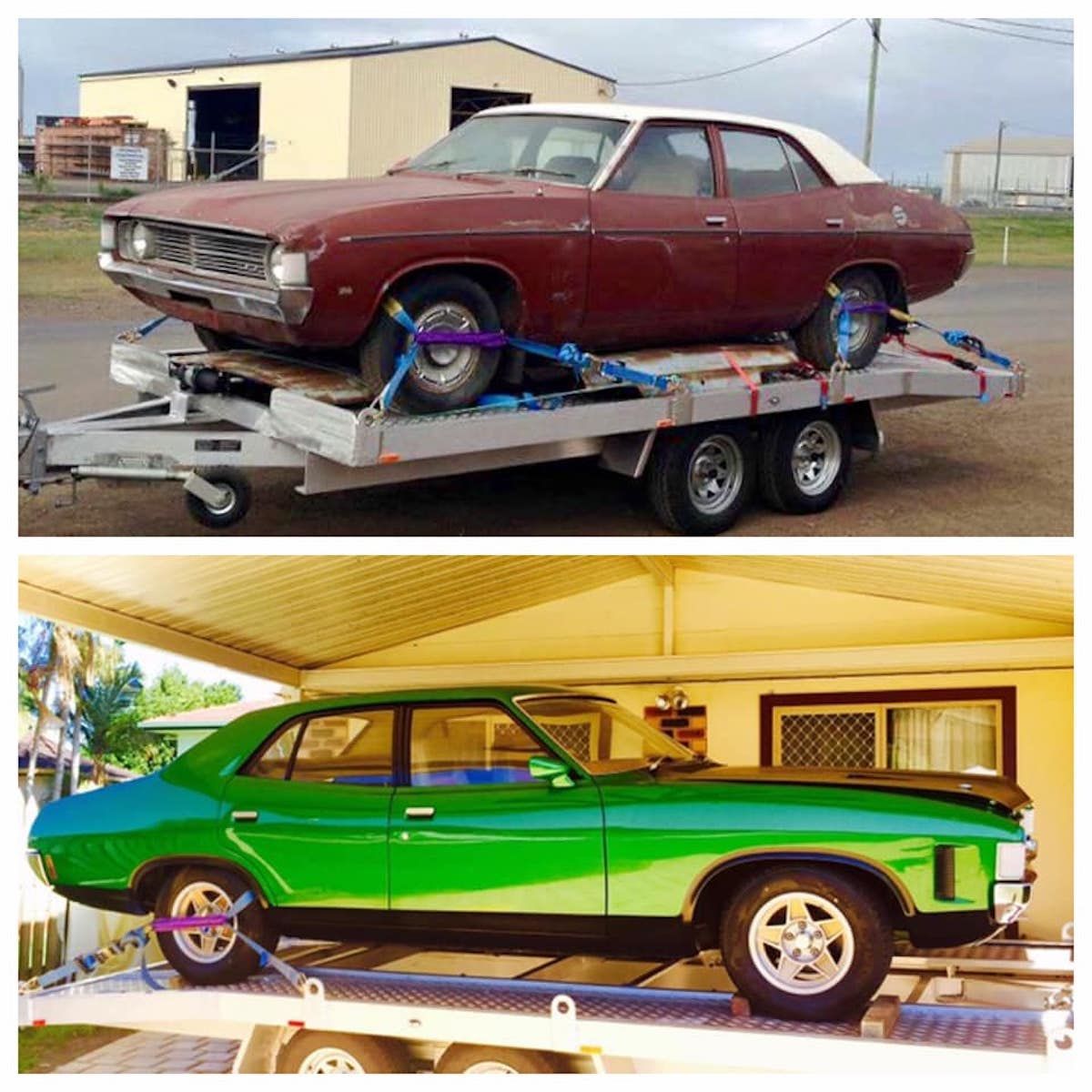 A red car is on a trailer next to a green car