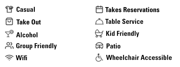 A list of amenities includes take out alcohol group friendly wifi and wheelchair accessible