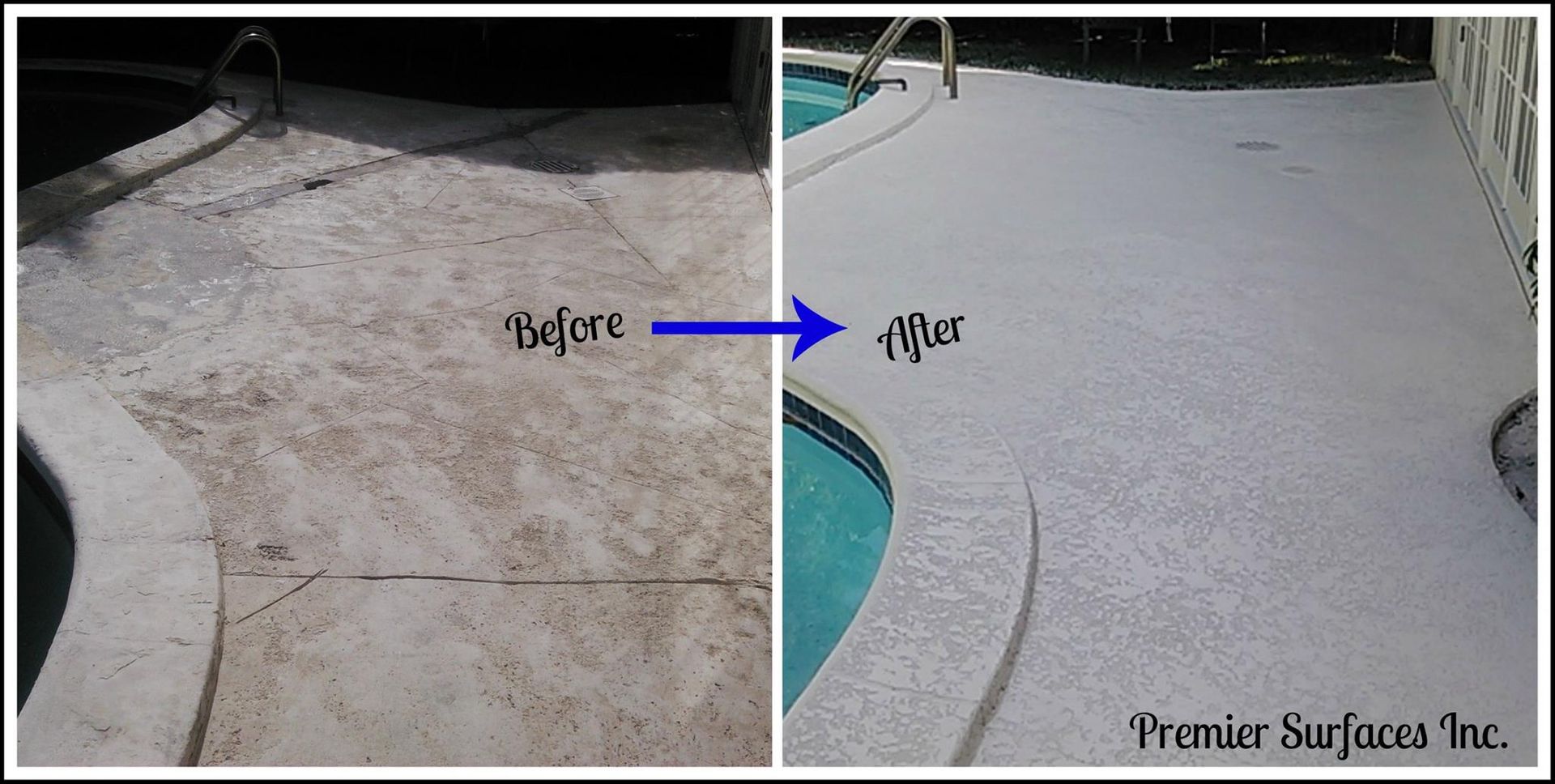 Pool deck before and after resurfacing. Concrete transformed from worn to light gray, clean finish.