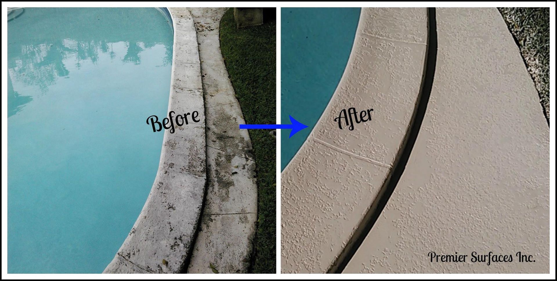 Comparison of pool coping: Before is dirty, after is cleaned and sealed.